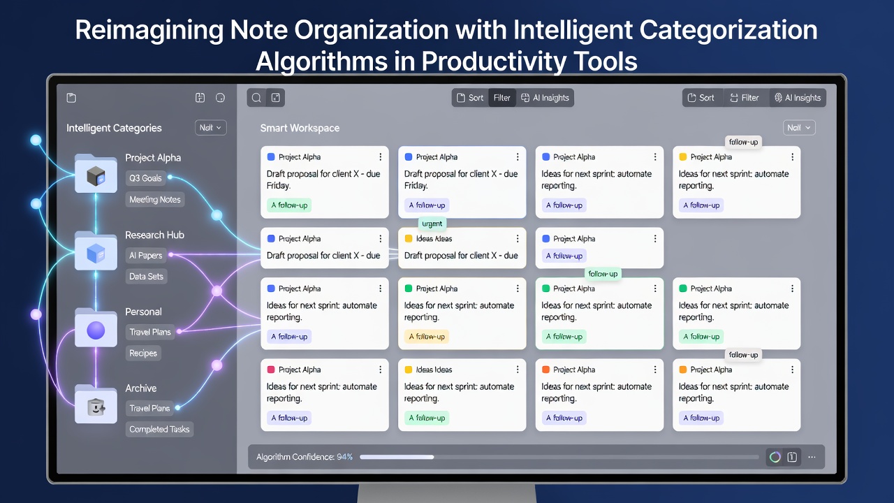 Screenshot of categorized note clusters displayed in a modern productivity dashboard with color-coded themes